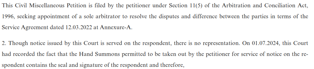 Excerpt of the iEnergizer vs HustleHub order describing the service agreement and the court appointing a sole arbitrator