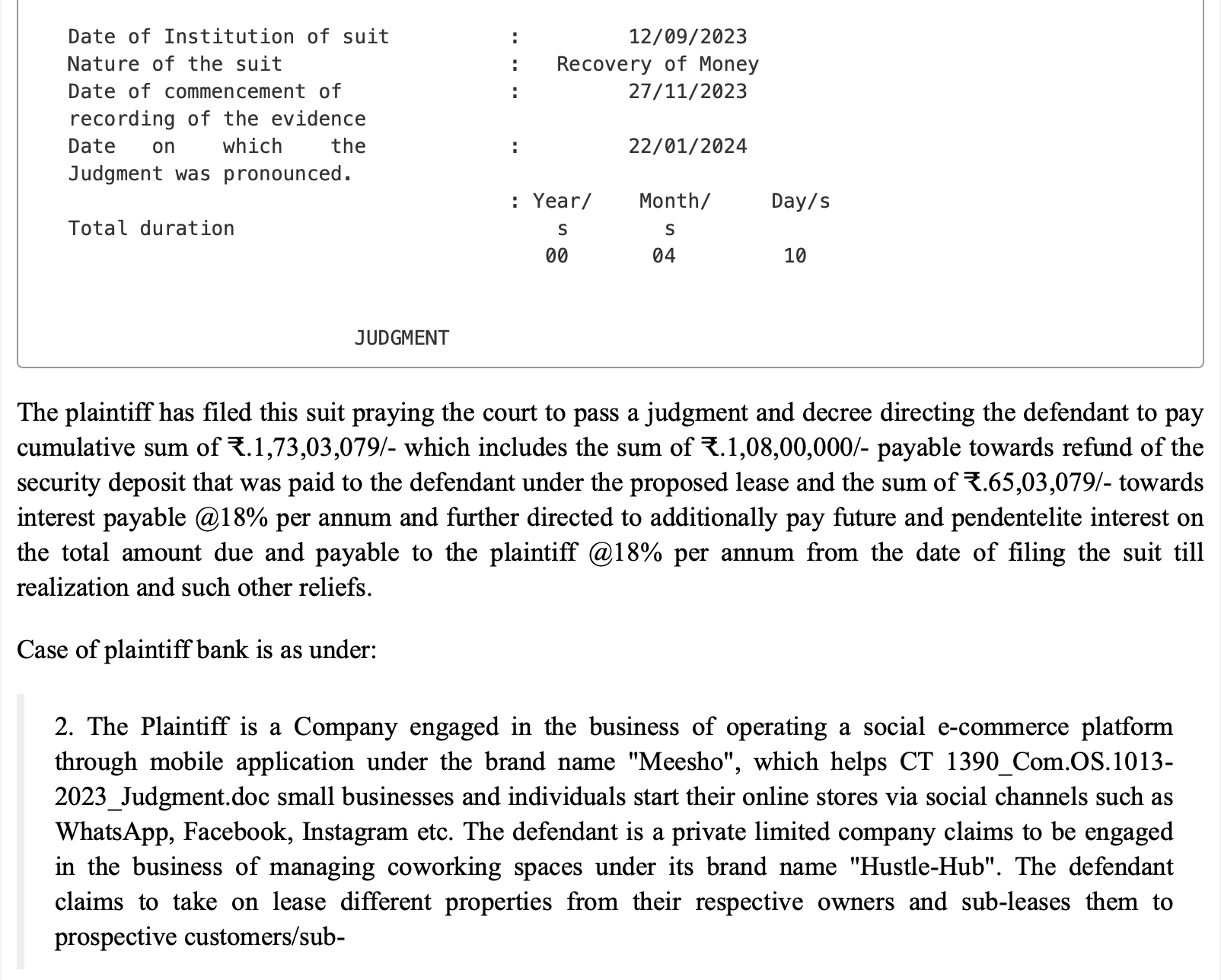 Excerpt of the Meesho vs HustleHub judgment showing suit details and the plaintiff's claim
