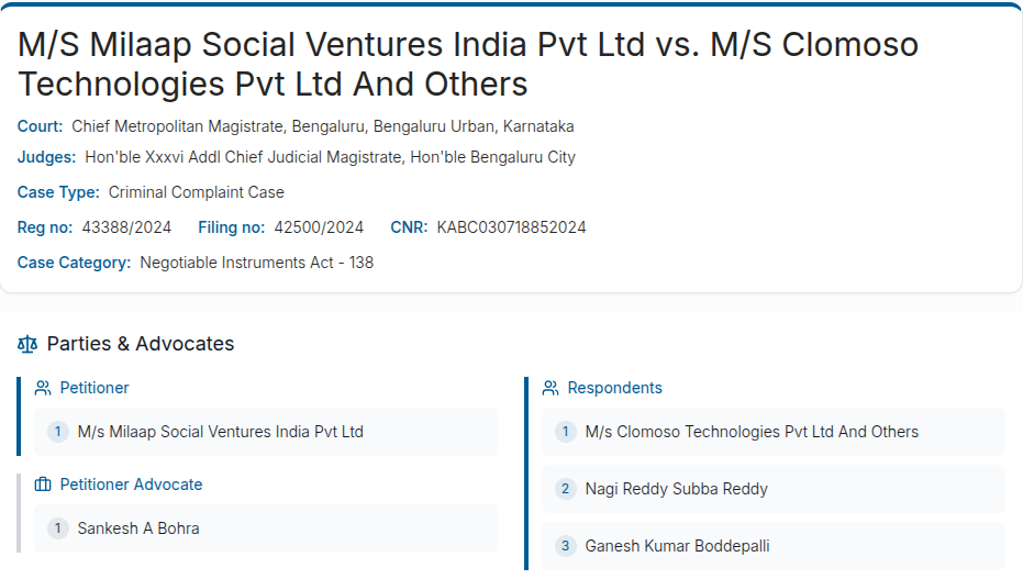 eCourtsIndia case record: Milaap Social Ventures India Pvt Ltd versus Clomoso Technologies Pvt Ltd and directors, criminal complaint under Section 138 Negotiable Instruments Act, case pending
