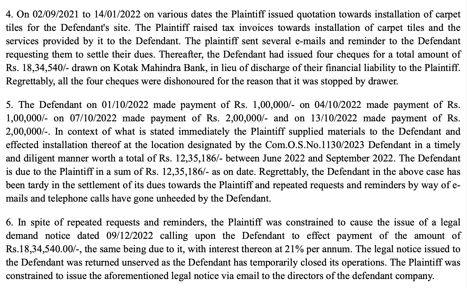 Excerpt of the Plaunshe vs HustleHub judgment describing invoices, dishonoured cheques, and the outstanding balance