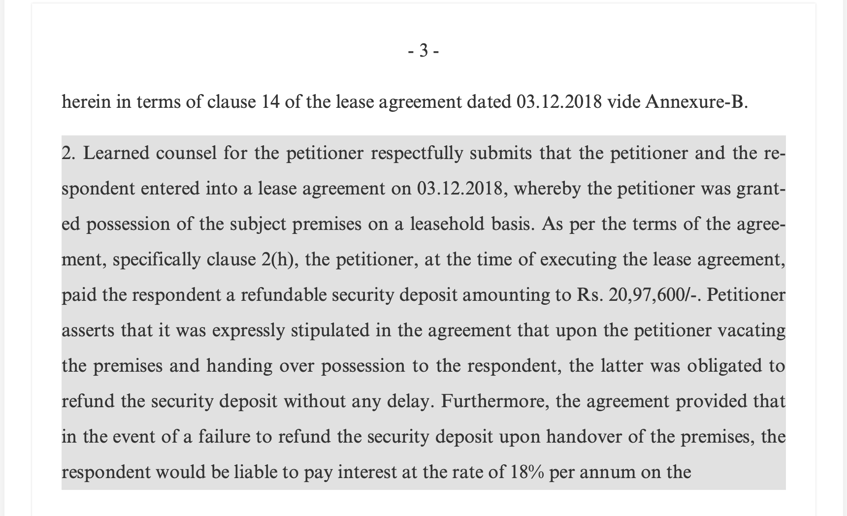 Excerpt of the Udaan vs HustleHub petition describing the lease agreement and security deposit terms