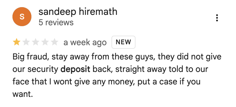 Sandeep Hiremath, 1-star review calling HustleHub a fraud for refusing to return the security deposit