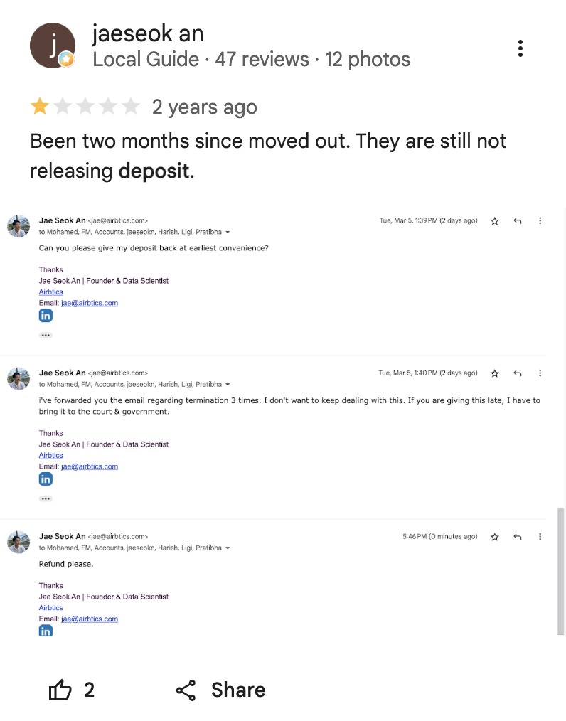 Jaeseok An, Founder at Airbtics: three follow-up emails asking for the deposit back, two months after moving out