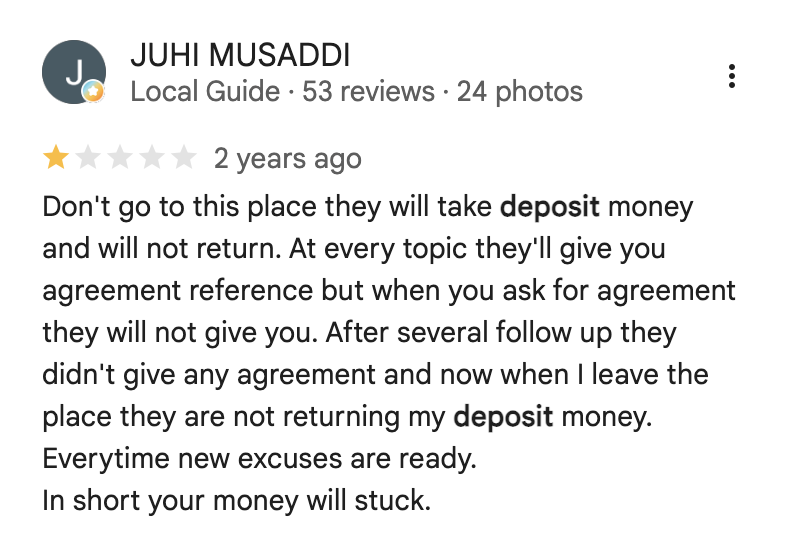 Juhi Musaddi, 1-star review: never handed over a signed agreement, then withheld the deposit at exit