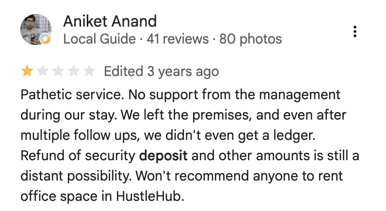 Aniket Anand, 1-star review: no ledger provided after multiple follow-ups, deposit refund a distant possibility