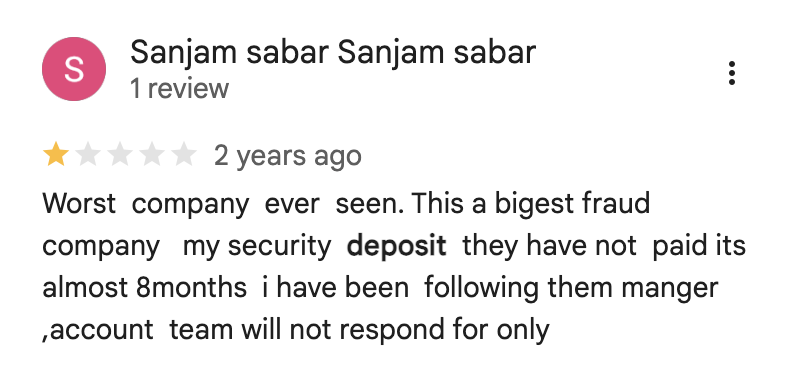 Sanjam Sabar, 1-star review: security deposit unpaid for almost 8 months, calls the accounts team unresponsive