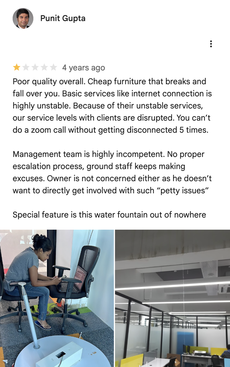 Punit Gupta, 1-star review describing an unexplained water leak, with photos of a founder working next to it and a water-damaged ceiling