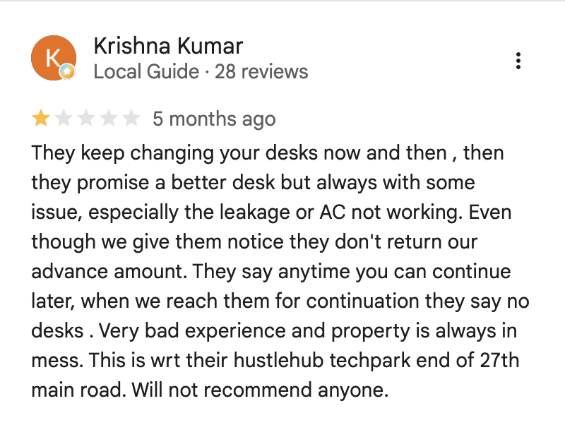 Krishna Kumar, 1-star review: desks repeatedly changed, recurring leakage and AC issues, advance amount not returned