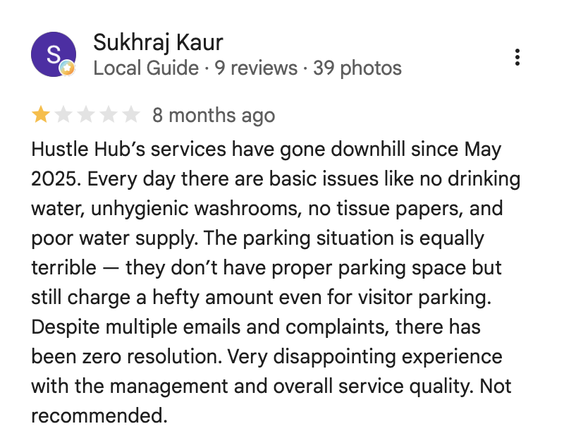 Sukhraj Kaur, 1-star review: no drinking water, unhygienic washrooms, poor water supply, costly but unmanaged parking, zero resolution after complaints