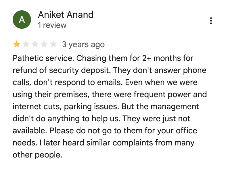 A reviewer named Aniket Anand, 1-star review: chased a security deposit refund for over 2 months, plus frequent power and internet cuts and parking issues