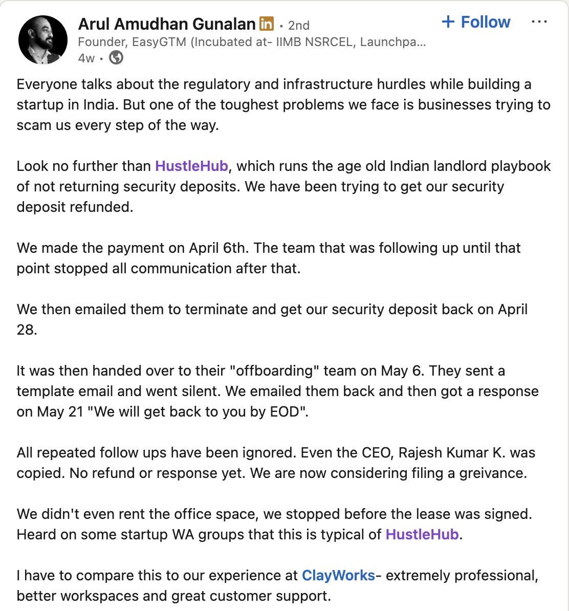 Arul Amudhan Gunalan, Founder of EasyGTM, LinkedIn post: paid a deposit, never even signed the lease, and got stonewalled for months chasing a refund — CEO Rajesh Kumar K. copied on every follow-up with no response