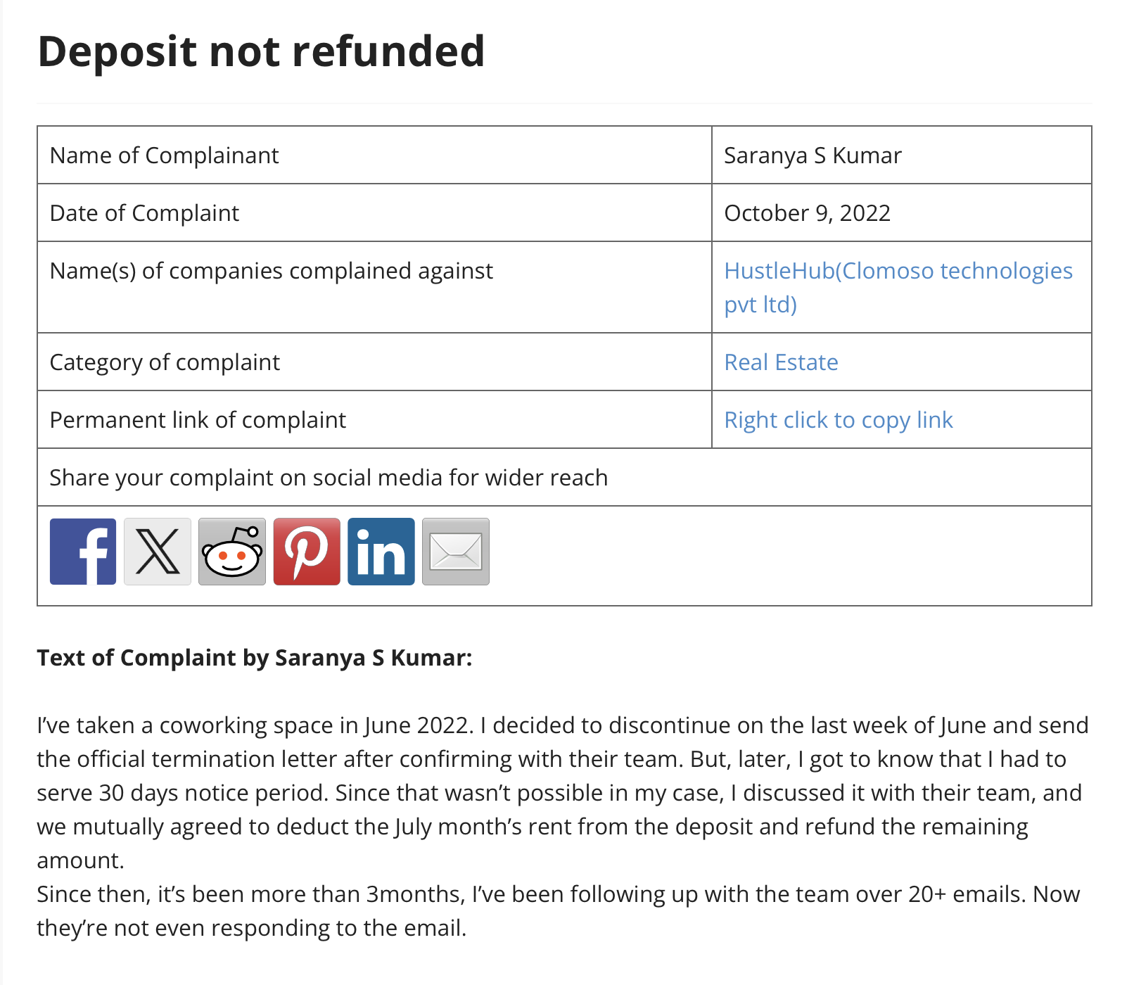 Consumer complaint filed by Saranya S Kumar, October 2022, against HustleHub, legally named Clomoso Technologies Pvt Ltd: deposit not refunded despite a mutually agreed deduction and over 20 follow-up emails